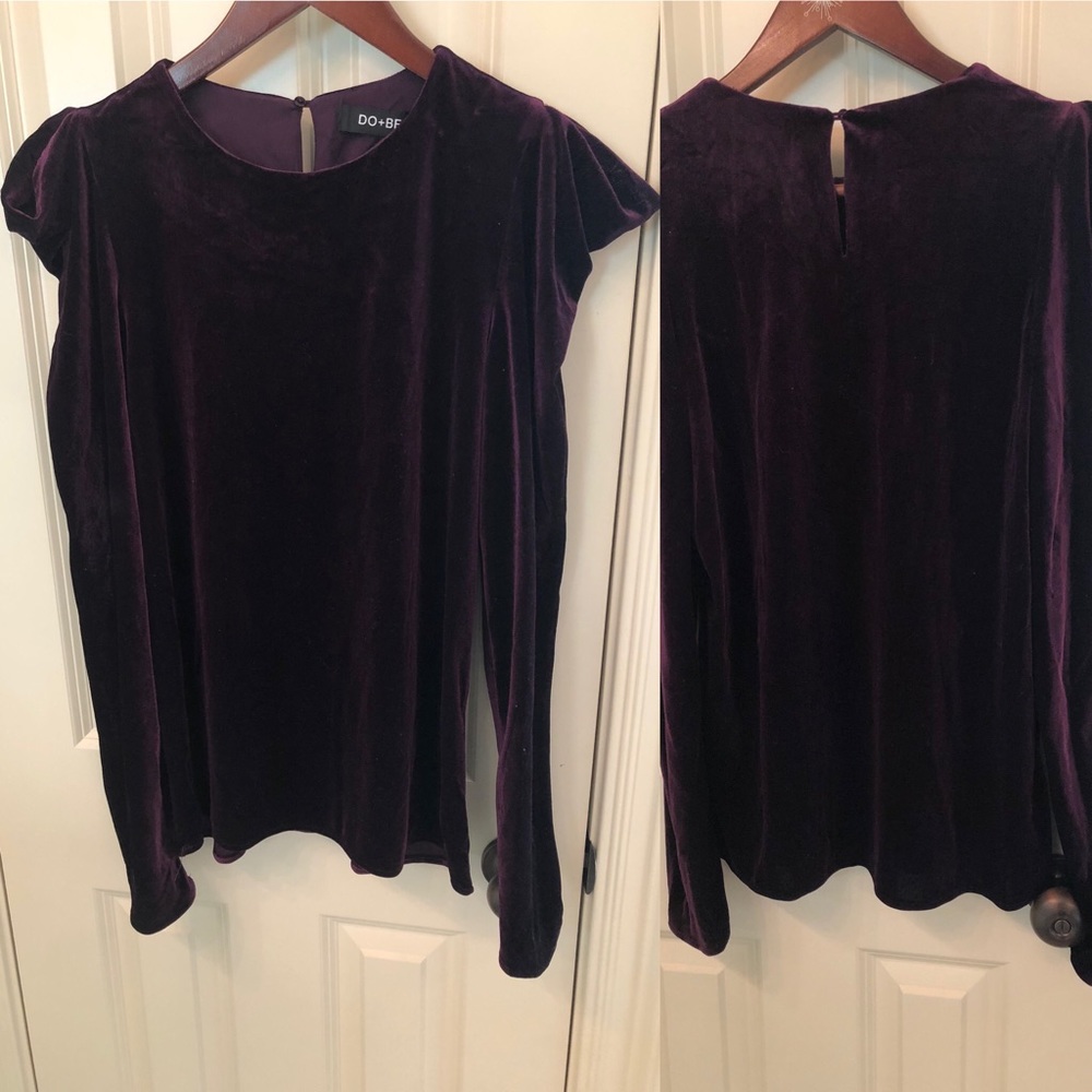Do+Be purple velvet long sleeve holiday top.